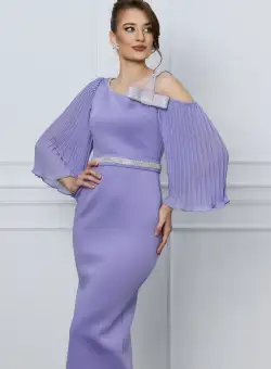 Rochie Sophie lila din neopren cu strasuri si curea in talie