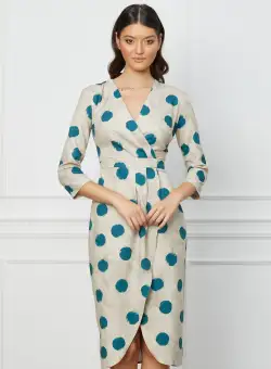 Rochie Teodora bej cu buline turcoaz