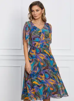 Rochie Teodora mov cu imprimeuri orange si kaki
