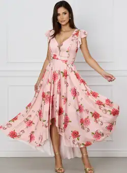 Rochie Teresa lunga roz cu imprimeu floral si cordon in talie
