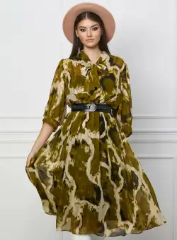 Rochie Valeria kaki cu imprimeuri ivory si curea in talie