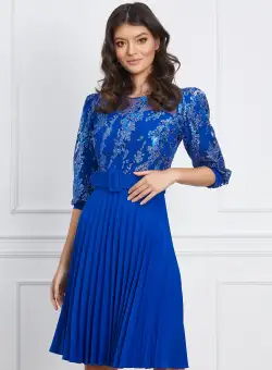 Rochie Veronica albastra cu glitter la bust si curea in talie
