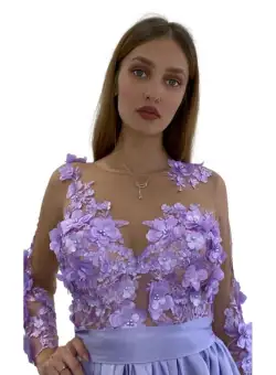 Rochie violet din voal cu flori 3D in partea superioara