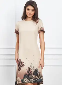 Rochie Viviana bej cu imprimeuri florale maro