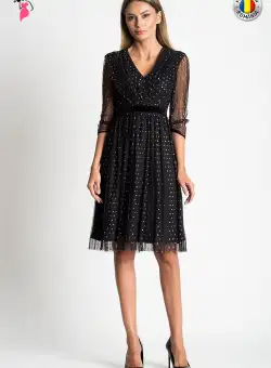 Rochie Xara de ocazie midi din tulle plisat cu buline aurii