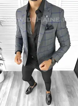 Sacou barbati slim fit gri in carouri B8279 P19-7