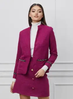 Sacou Dy Fashion magenta din tweed cu aplicatii