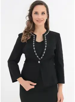 Sacou negru din bumbac cu broderie alba