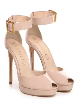 Sandale Baku cu toc subtire, piele naturala lacuita, crem