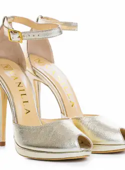 Sandale Beijing cu toc subtire, piele naturala, aurii