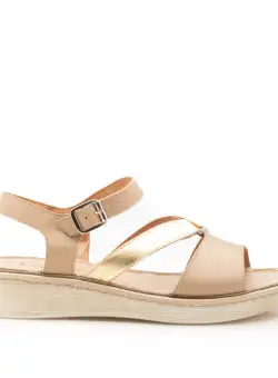 Sandale cu talpă joasă damă, din piele naturală, Leofex- 159 Taupe Auriu Box
