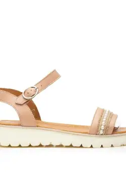 Sandale cu talpă joasă damă, din piele naturală, Leofex - 368 Nude Box