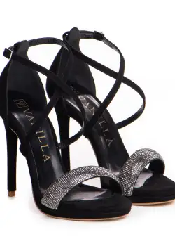 Sandale Santiago cu toc subtire, piele naturala intoarsa neagra cu cristale