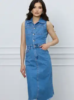 Sarafan Sonia din denim cu nasturi la bust