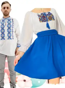 Set Cuplu 477 Camasa Traditionala si Rochie Stilizata cu motive traditionale