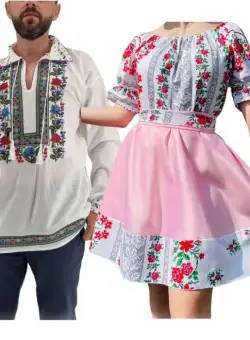 Set Cuplu 577 Camasa Traditionala si Rochie Stilizata cu motive traditionale