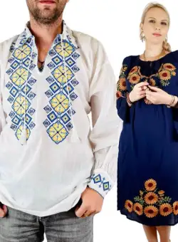 Set Cuplu Traditional 113 Camasa Traditionala si Rochie Traditionala