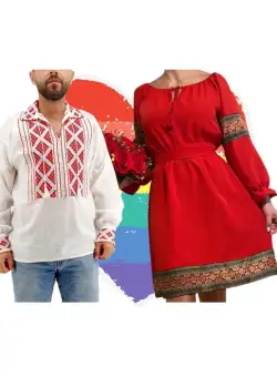 Set Cuplu Traditional 157 Camasa Traditionala si Rochie cu motive traditionale