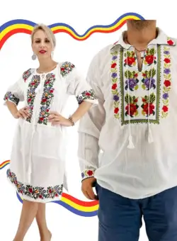 Set Cuplu Traditional 383 Camasa Traditionala si Rochie Traditionala