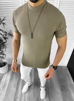 Tricou barbati slim fit kaki 12466 40-1