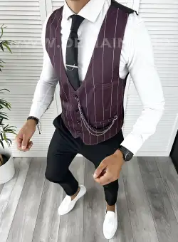 Vesta barbati eleganta slim fit grena in dungi V4 141-2 E