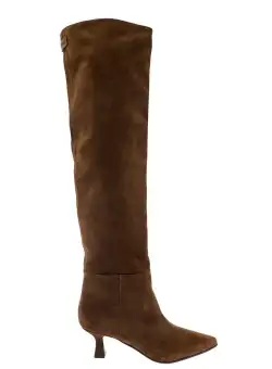 3JUIN 'Bea' Brown Pointed High-Boots with Logo Patch in Suede Woman Brown