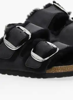 Birkenstock Leather Arizona Sandals With Double Buckle And Shearling Lin Black