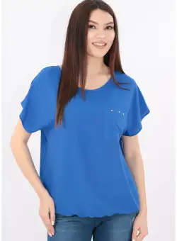 Bluza albastra din bumbac cu buzunar aplicat