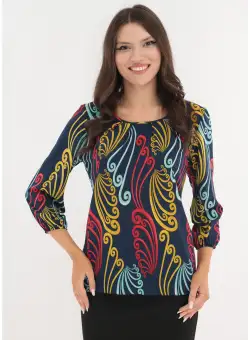 Bluza bleumarin cu imprimeu abstract mustar