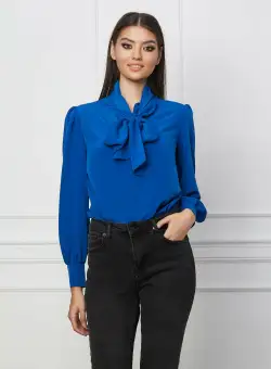 Bluza Dy Fashion albastra cu guler tip esarfa