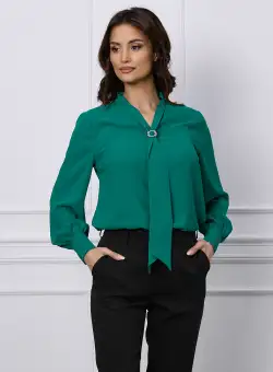 Bluza Dy Fashion verde cu aplicatie tip esarfa si decolteu in V