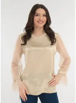 Bluza eleganta bej cu maneci din tulle