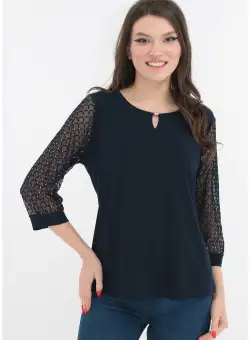 Bluza eleganta bleumarin cu insertii din tull si glitter