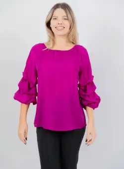 Bluza eleganta fucsia cu falduri la maneci din voal peliculizat