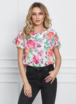 Bluza Frona alba cu flori colorate si maneci despicate