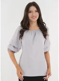 Bluza gri cu maneci bufante si perlute