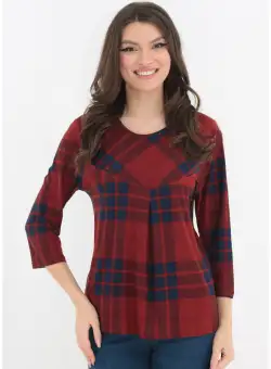 Bluza lejera bordo cu imprimeu in carouri bleumarin