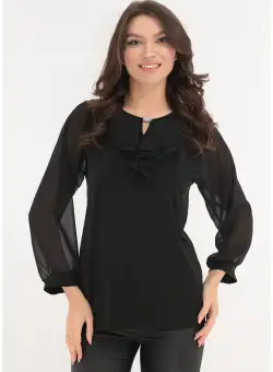 Bluza neagra cu volanas dublu la decolteu