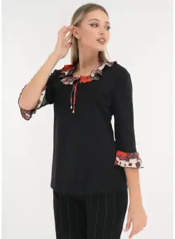 Bluza neagra din vascoza cu volane caramizii