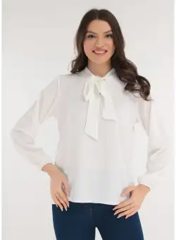 Bluza uni alba cu esarfa la decolteu