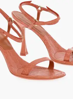 BY FAR Printed Leather Sandals With Ankle Straps Heel 11 Cm Pink
