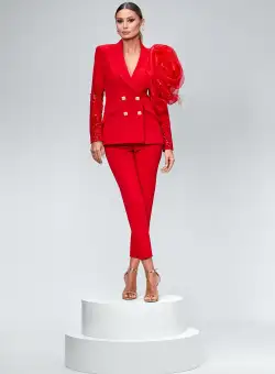 Compleu elegant rosu prevazut cu floare maxi din organza