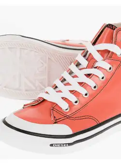 Diesel Patent Faux Leather S-Athos High-Top Sneakers With Contrasti Orange