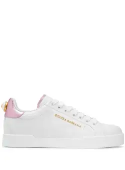 Dolce & Gabbana 'Portofino' White Sneakers with Branded Pearl Detail and Laminated Heel Tab in Leather Woman WHITE
