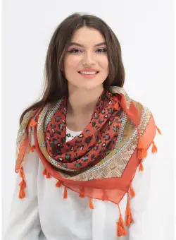 Esarfa patrata orange cu animal-print si ciucuri