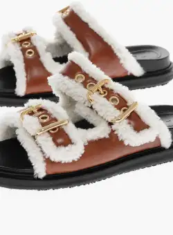 Marni Leather And Shearling Fussbett Sandals With Buckled Detail Brown
