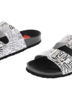 Moschino Love All-Over Logo Printed Leather Sandals With Double Buckl Black & White