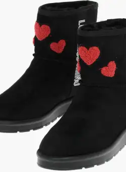 Moschino Love Faux Suede Leather Ankle Boots With Embrodery Black