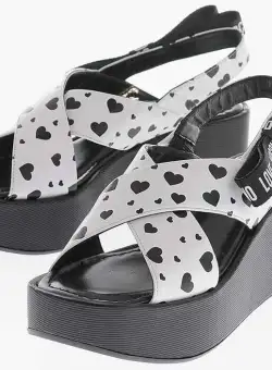Moschino Love Leather Sandals With All Over Printed Hearts Black & White