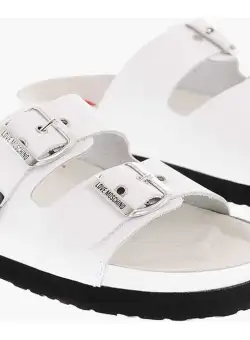 Moschino Love Leather Sandals With Double Buckle White